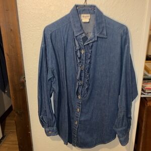 vivaldi denim womens shirt med button up long sleeve With Ruffle 1980's